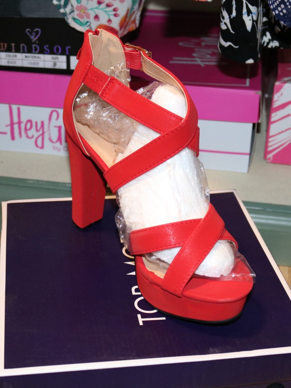Red Strappy Platform High Heel Sandals - Women's